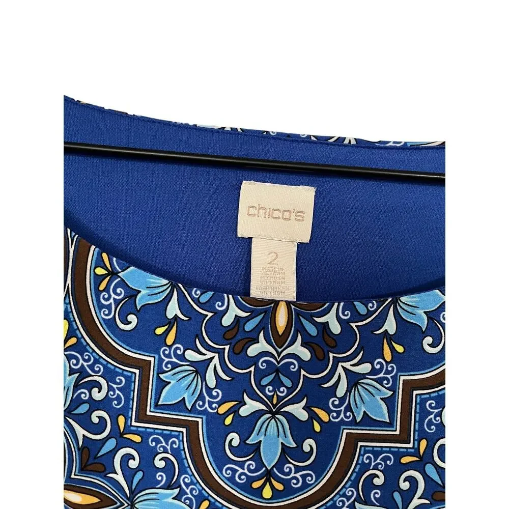 Chicos Womens Blue Blouson Dolman Sleeve Mixed Media Print Dress Size Large